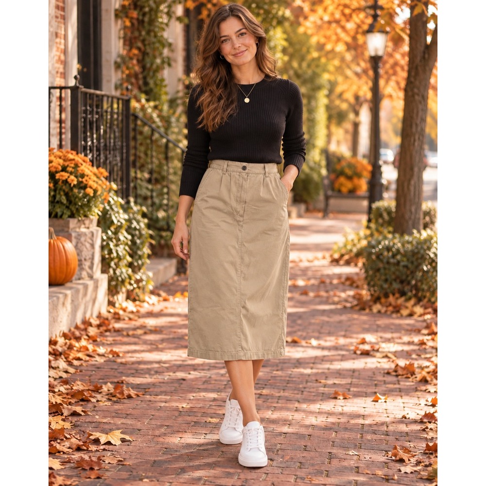 Lands' End Women's Size 10 Khaki Cotton Midi Skirt Straight Preppy Classic